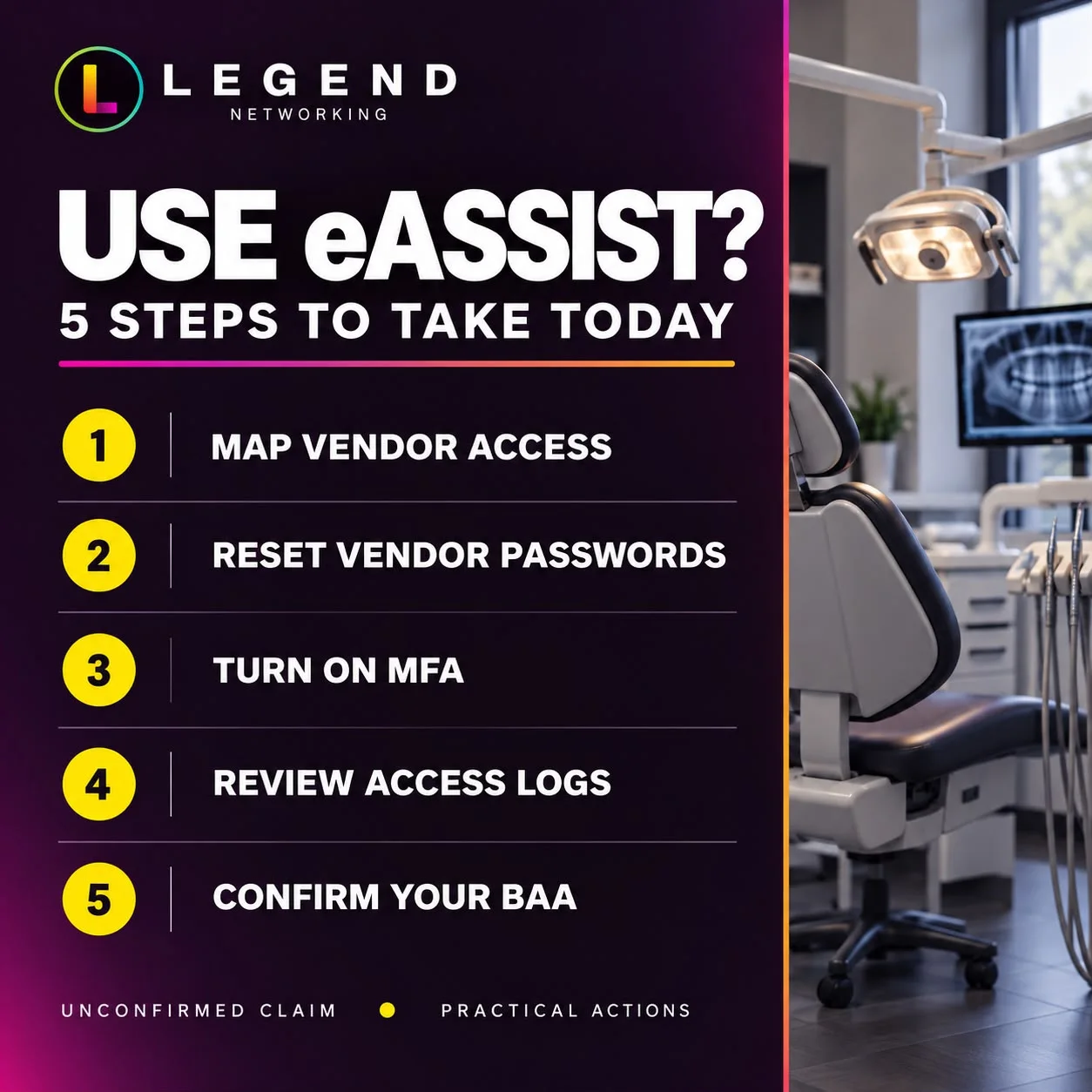 Five steps for dental practices using eAssist: map vendor access, reset vendor passwords, turn on MFA, review access logs, confirm your BAA