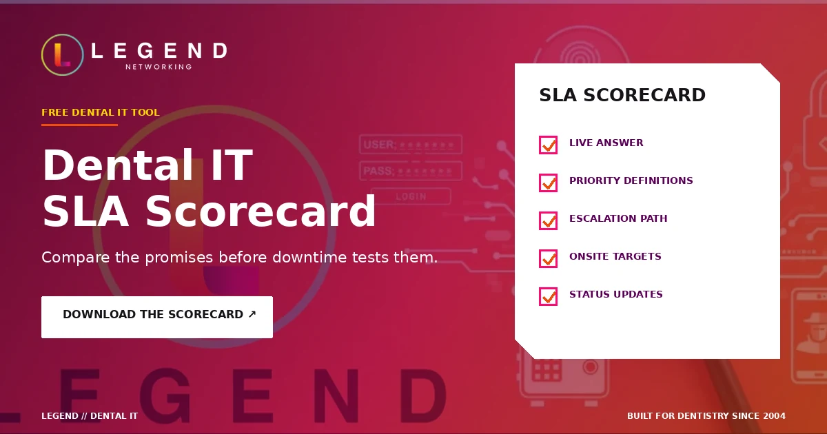 Download the Dental IT SLA Scorecard to compare live answer, priority definitions, escalation, onsite targets, and status updates.