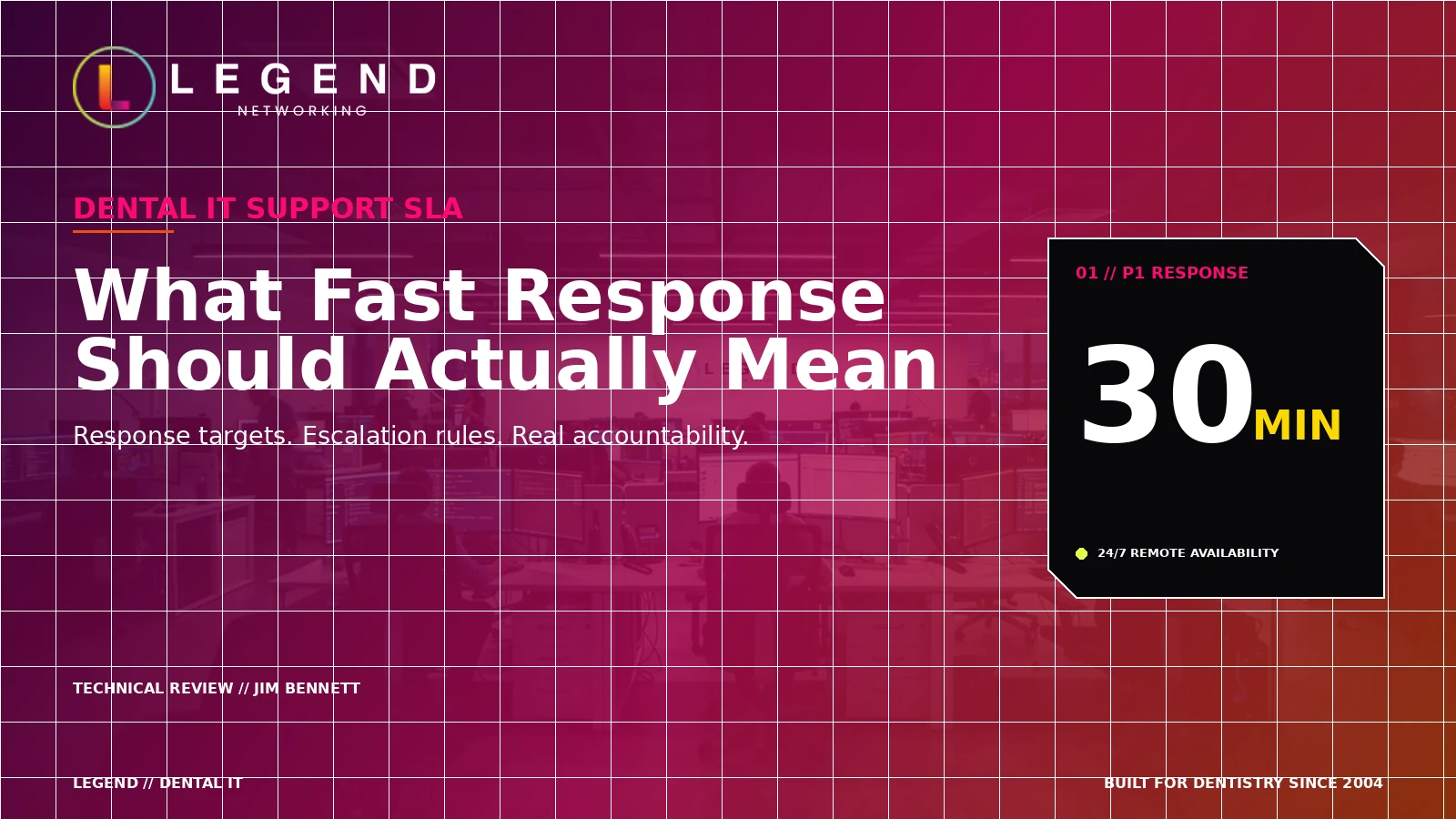 Legend Dental IT Support SLA guide featuring a 30-minute P1 remote response target and 24/7 remote availability.