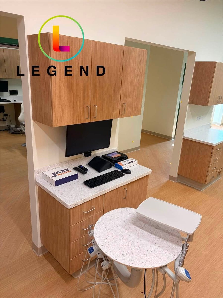 Chairside workstation and cabinetry at Little Roots Pediatric Dentistry during the startup technology setup.