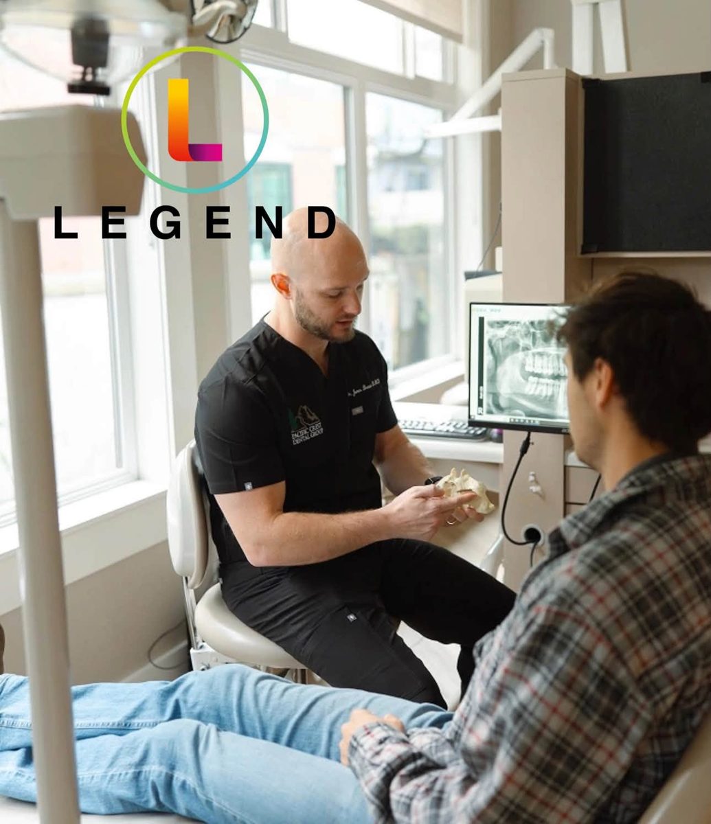 Practice imagery from Pacific Crest Dental Group: a dentist explaining treatment beside a chairside imaging monitor.
