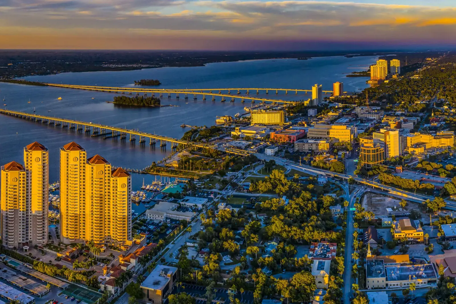 Aerial view of the Fort Myers riverfront skyline along the Caloosahatchee River