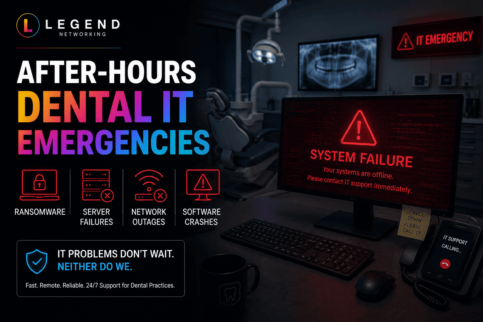 Dental practice experiencing IT emergency including server failure and cybersecurity threats