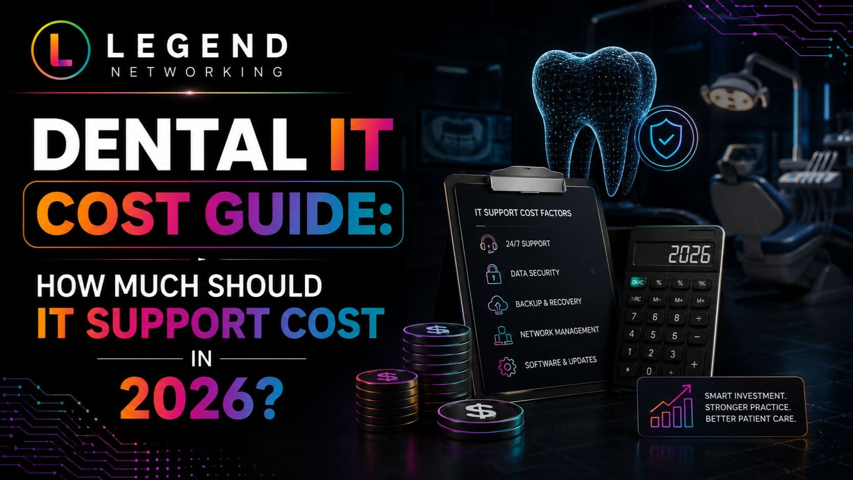 Legend Networking | Dental IT Cost Guide: How Much Should IT Support Cost in 2026? Dental practice using modern IT infrastructure with pricing and managed IT support concept in 2026.