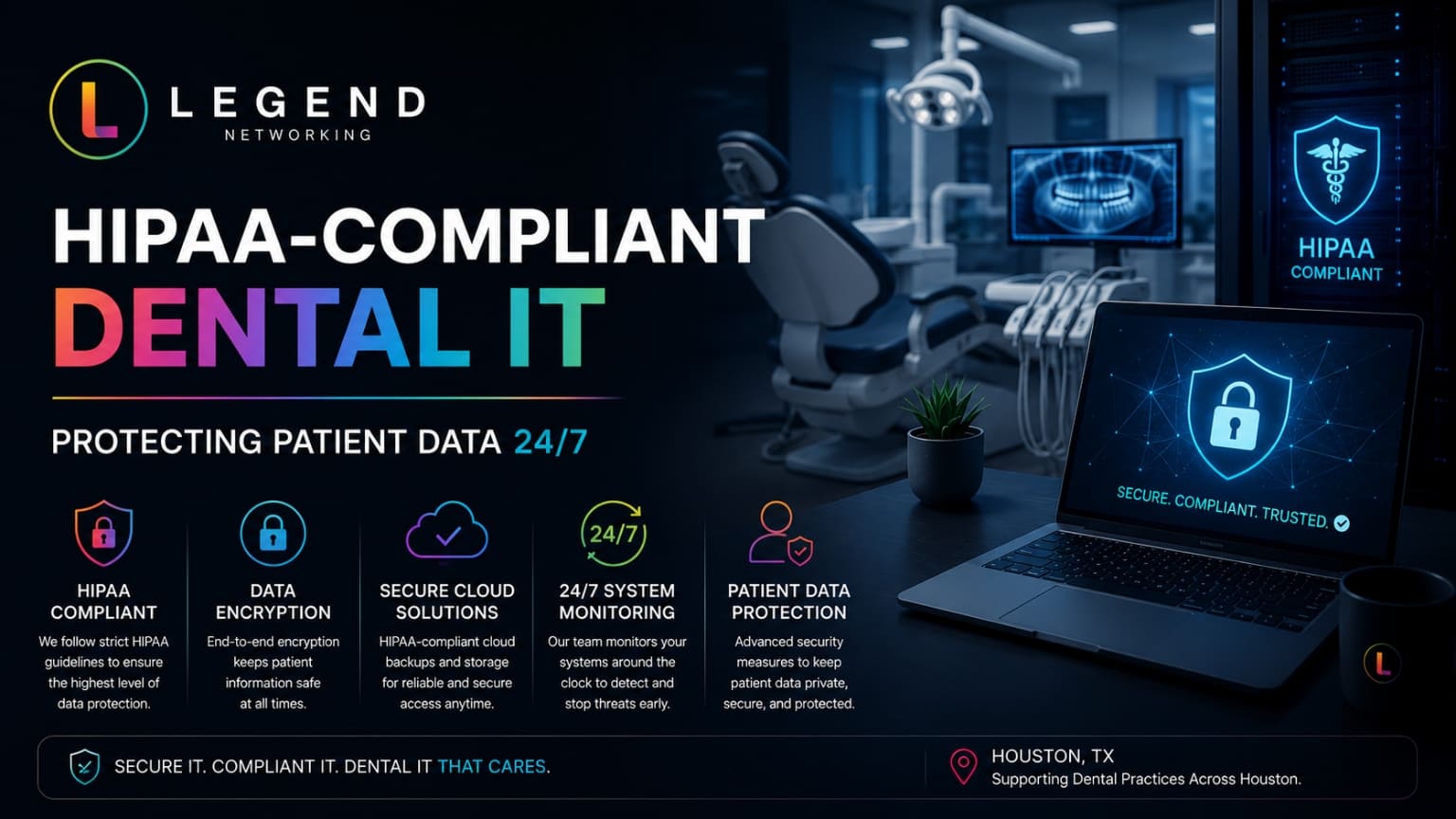 Legend Networking | Why Houston Dental Practices Need Specialized IT Support HIPAA-compliant dental IT in Houston is securing patient information