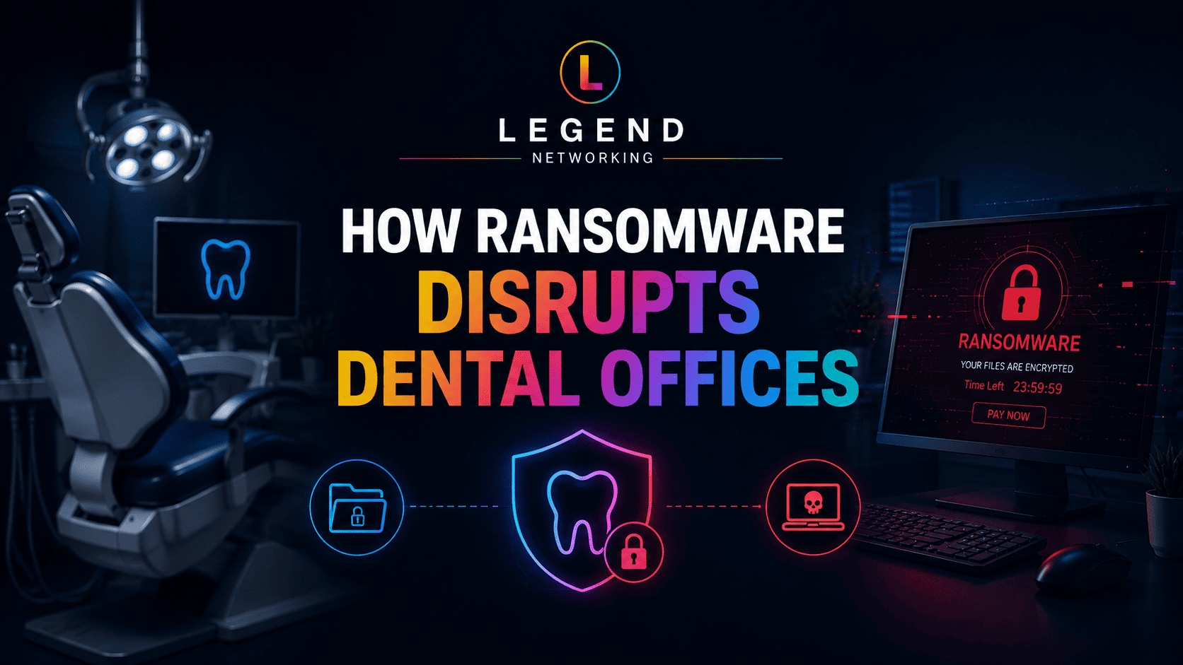 Legend Networking | 10 Dental Cybersecurity Threats Putting Your Practice at Risk in 2025 Dental ransomware attack prevention graphic