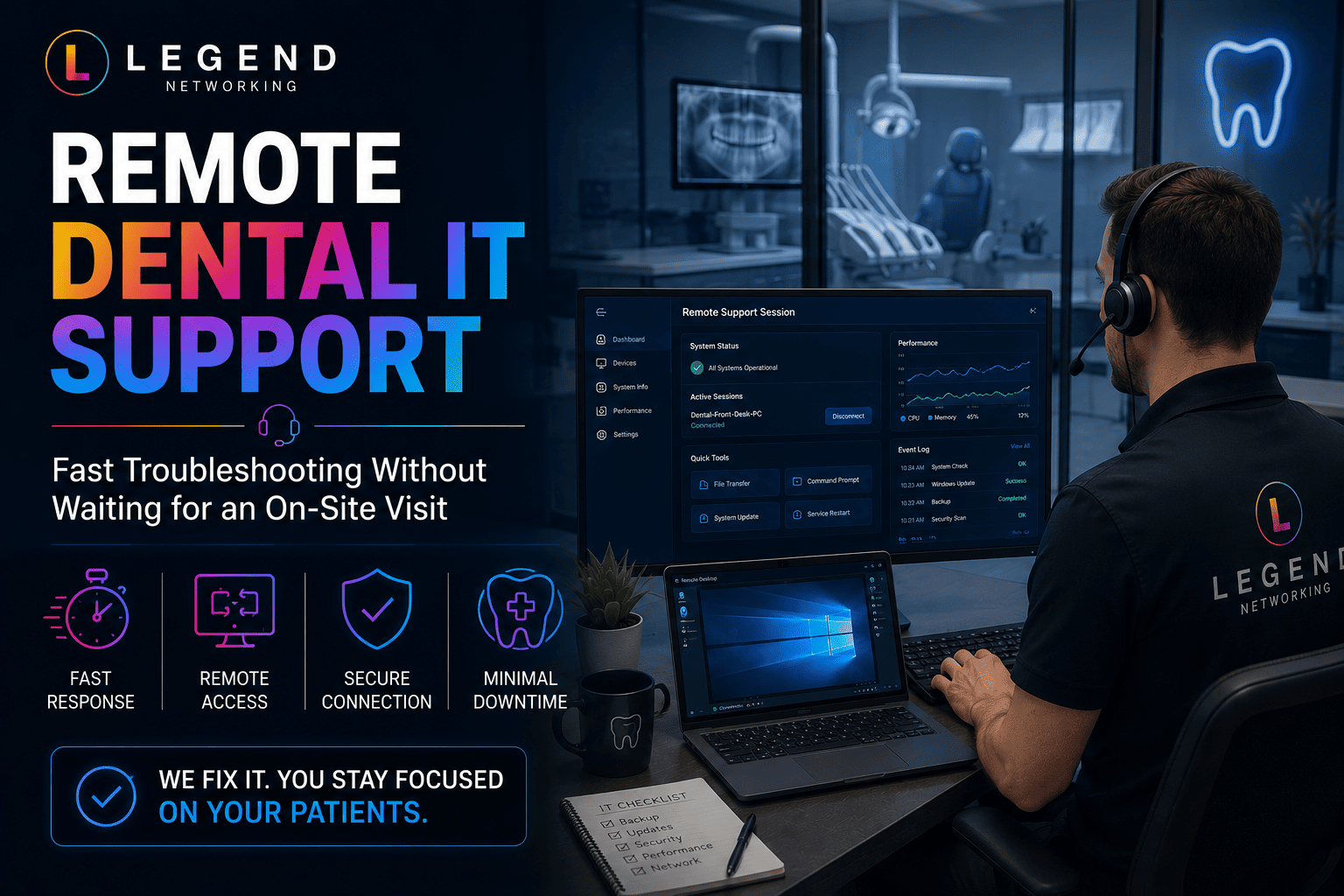 IT technician remotely troubleshooting dental practice computer systems