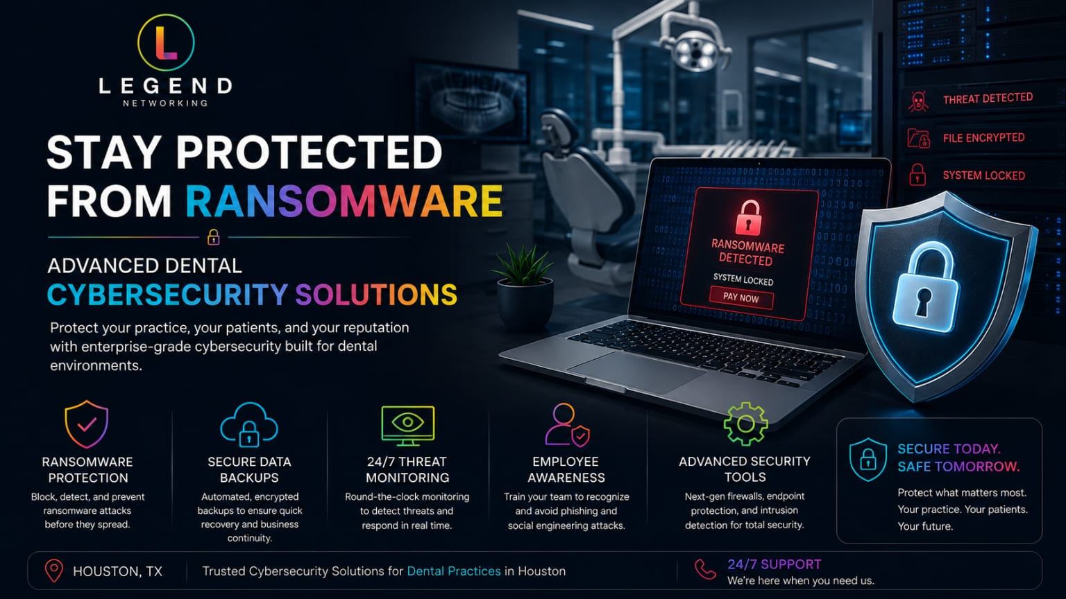 Legend Networking | Why Houston Dental Practices Need Specialized IT Support Houston dental cybersecurity protects dental clinics from ransomware