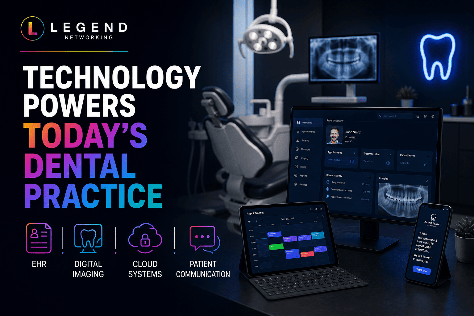 Modern dental office using digital imaging, cloud software, and patient management technology