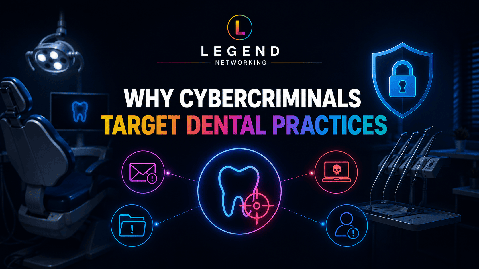 Legend Networking | 10 Dental Cybersecurity Threats Putting Your Practice at Risk in 2025 Dental office cybersecurity risk illustration