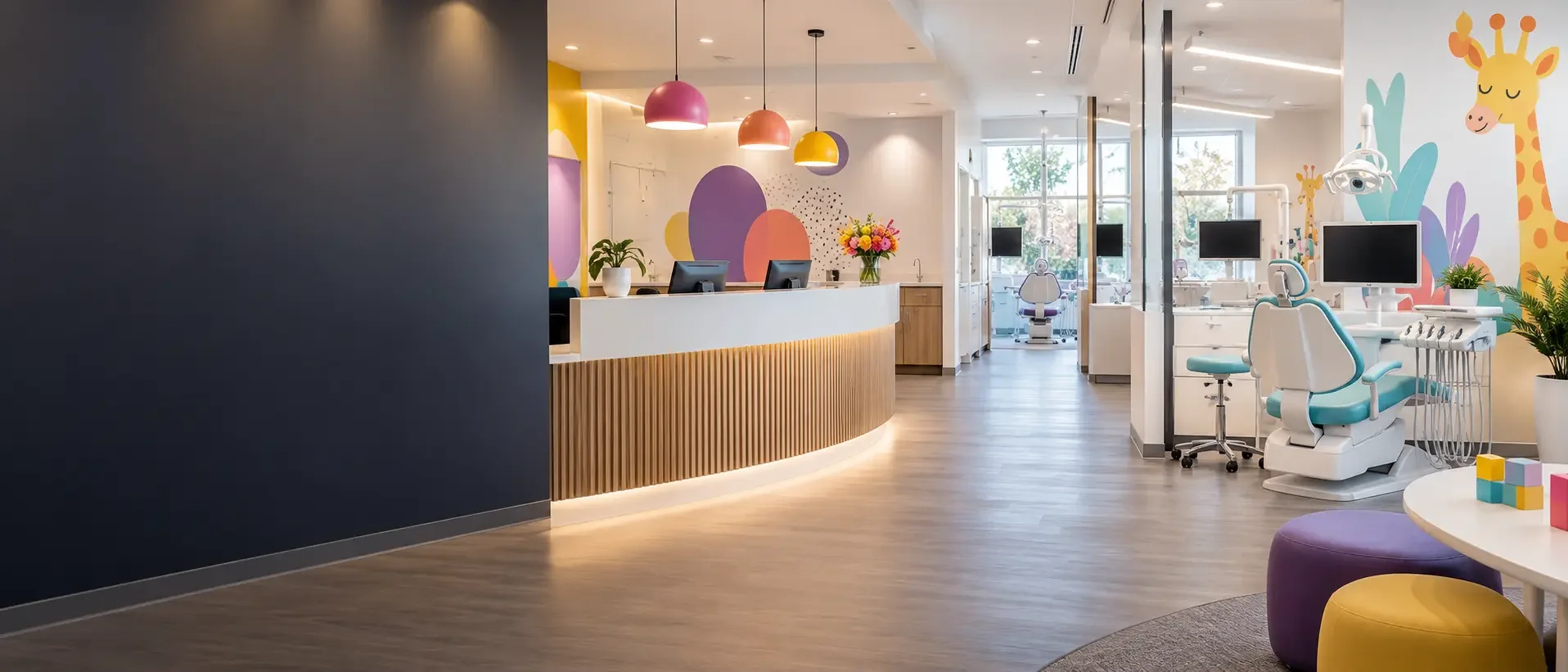 Modern pediatric dental office reception and treatment area with connected technology