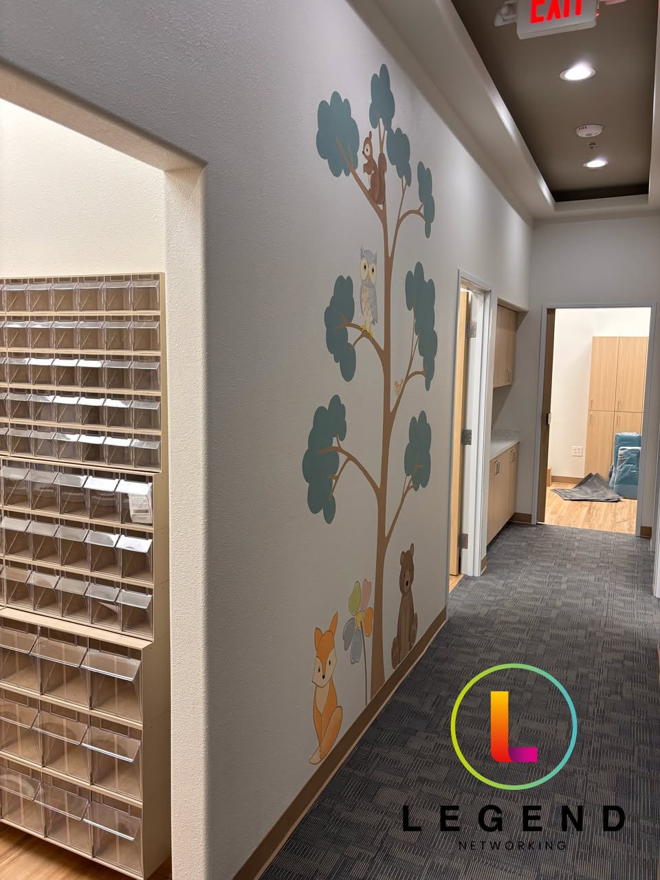 Tree-themed corridor at Argyle Pediatric Dentistry.
